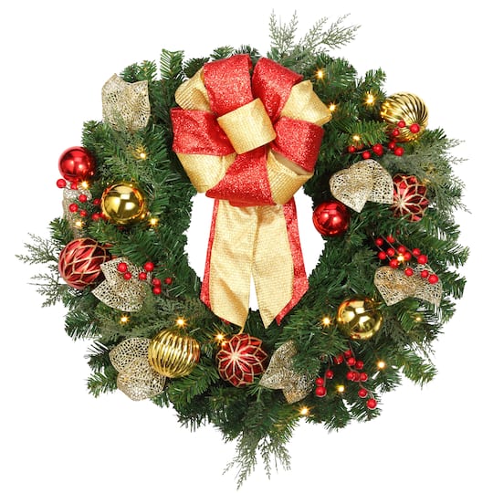 24&#x22; Pre-Lit Madison Gold Leaves &#x26; Ornaments Wreath